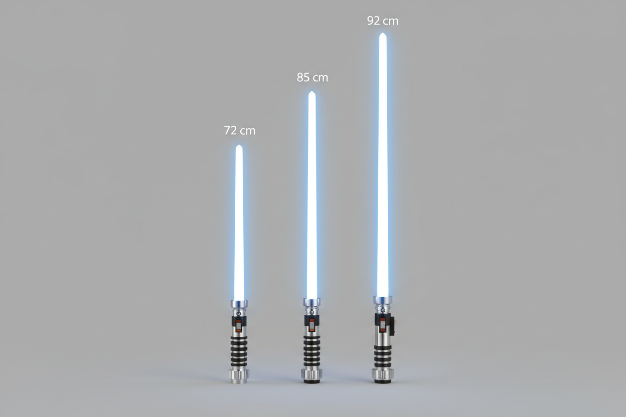 Vergleich verschiedener Lichtschwert-Klingenlängen: 72 cm, 85 cm und 92 cm