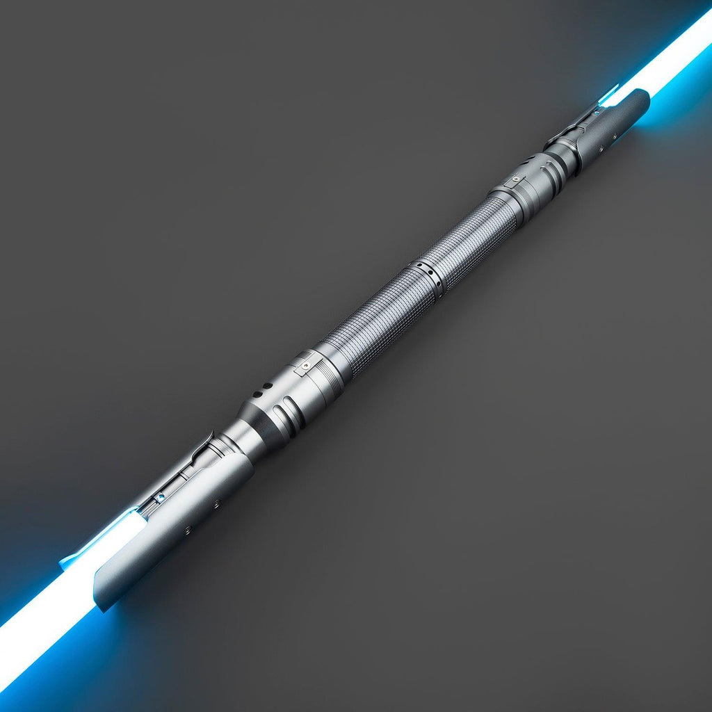 Fallen Doppelschwert – silbernes Premium-Lichtschwert mit zwei leuchtend blauen Klingen