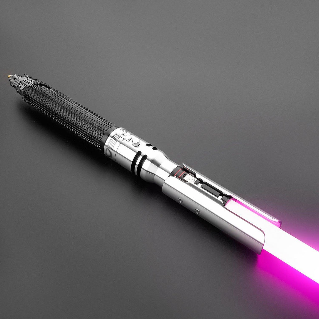 Fallen Lichtschwert mit schwarzem Griff und silbernem Hilt – leuchtende violette Klinge