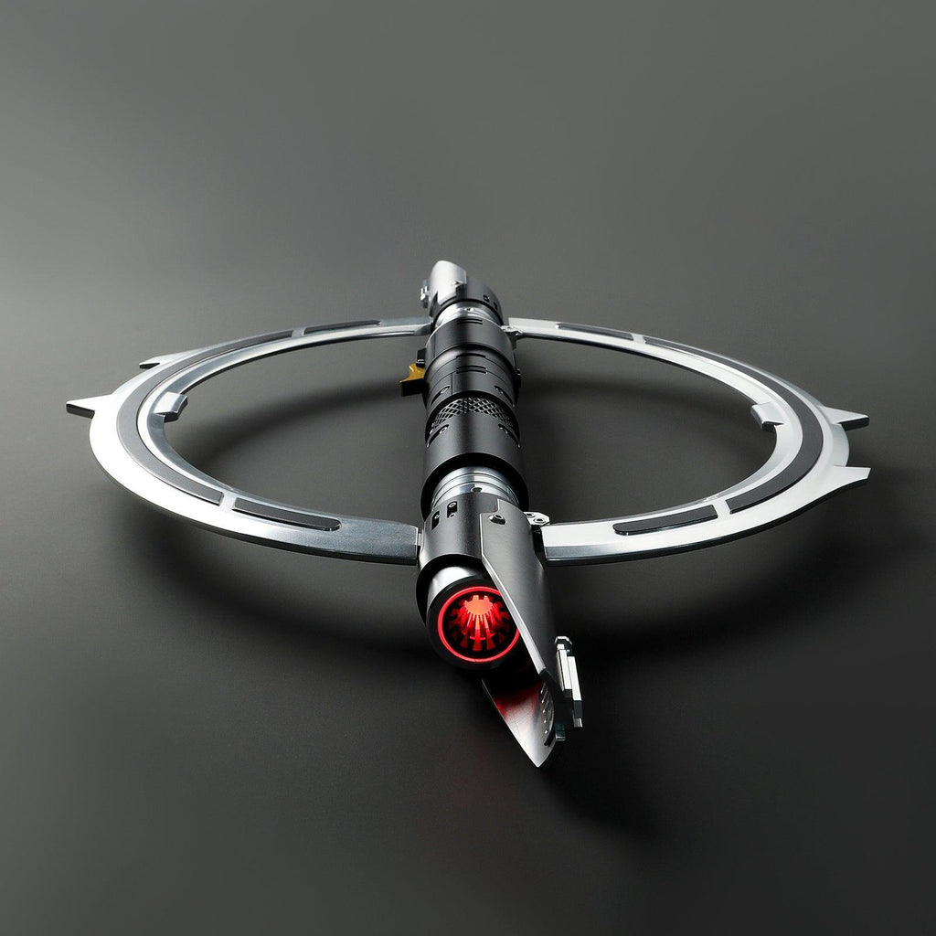 The Hunter Lichtschwert in Schwarz-Silber – markantes Design mit klappbarem Ring und roter Klinge