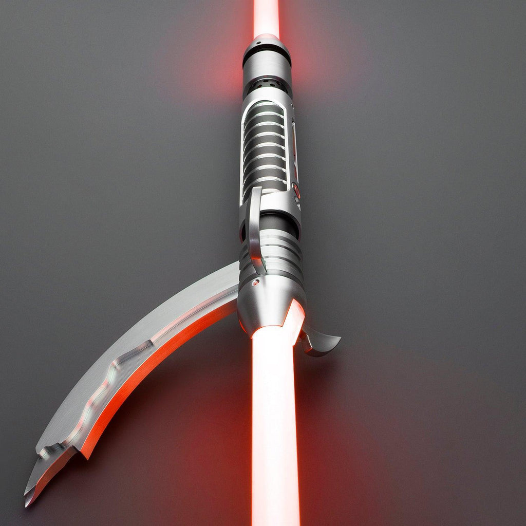The Shadow Lichtschwert mit zwei leuchtend roten Klingen und gebogenem, silbernem Griff – Premium-Design