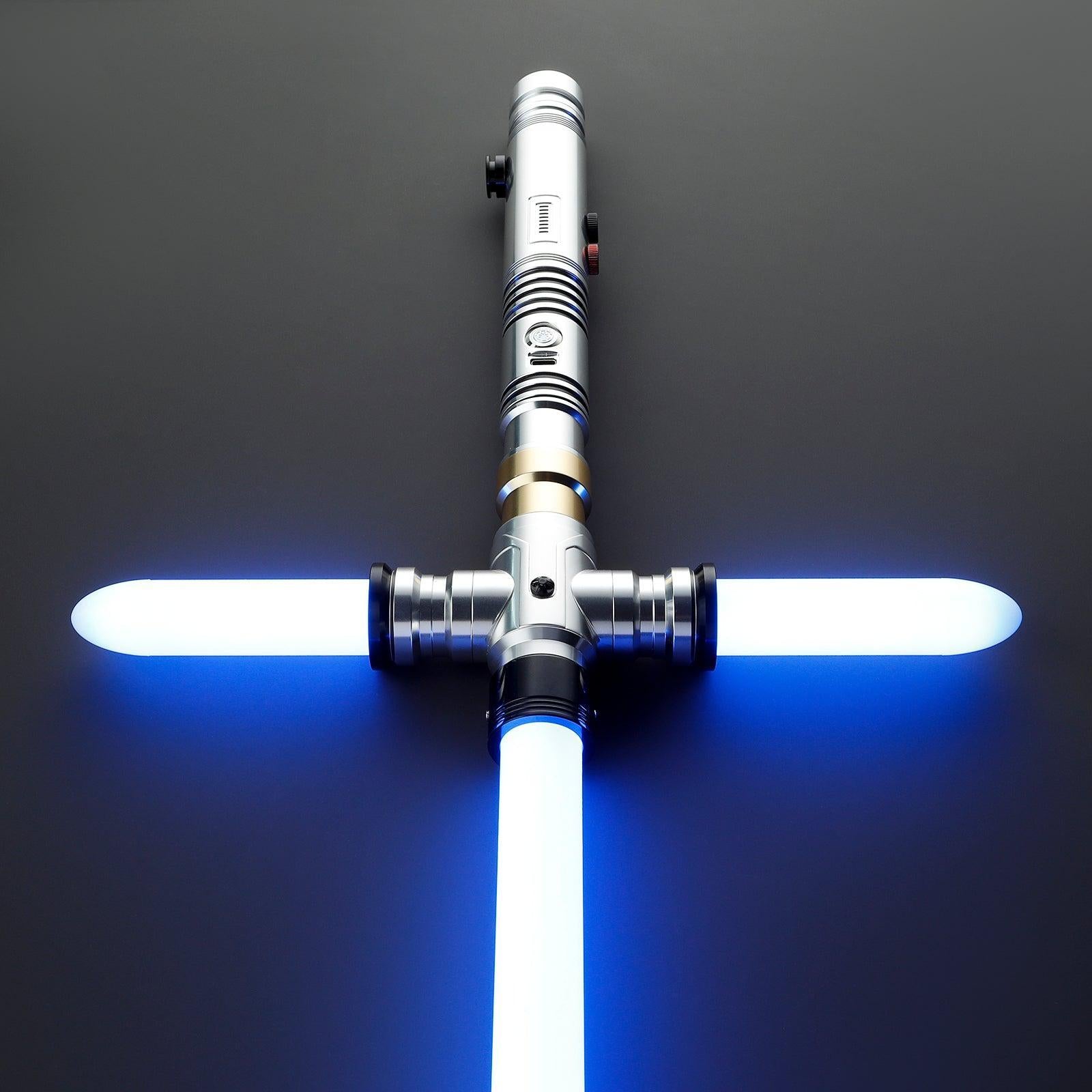 NO.086 Crossguard Lichtschwert in Silber mit blauen Klingen und goldenen Akzenten, Premium-Design