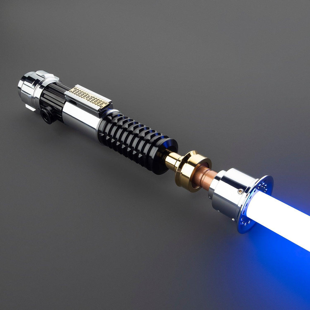 The Negotiator Lichtschwert – silberner Griff mit schwarzen Rillen und blauer Klinge, Premium-Design