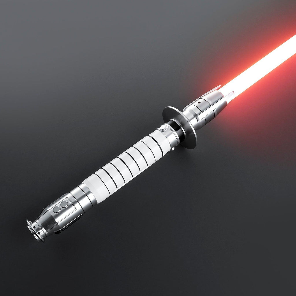 Die Huntress Lichtschwert mit elfenbeinfarbenem Griff und schlankem Design, roter Klinge