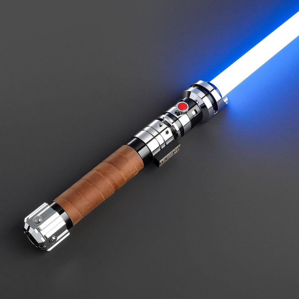 The Twin Lichtschwert mit braunem Ledergriff und leuchtend blauer Klinge, Premium-Design