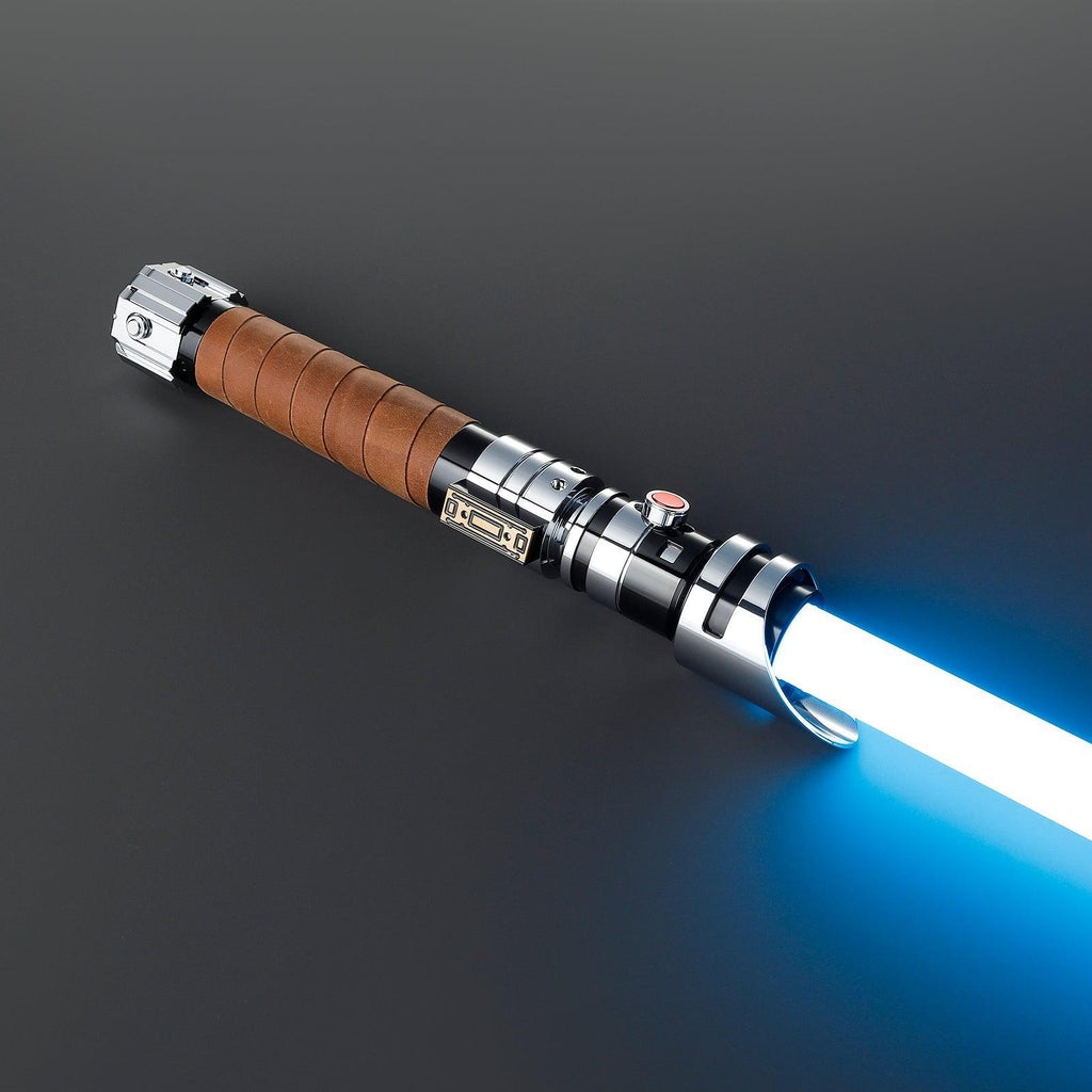 The Twin Lichtschwert mit braunem Ledergriff und leuchtend blauer Klinge, Premium-Design